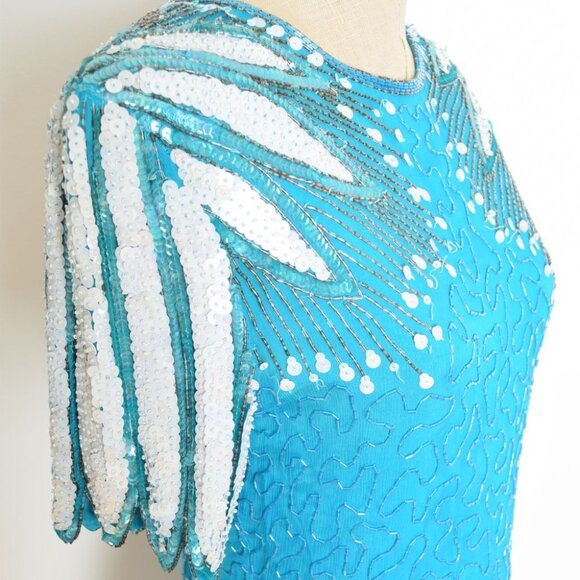 vintage 80s dress sequin beaded blue silk flapper feathers party cocktail prom M - Picture 5 of 11
